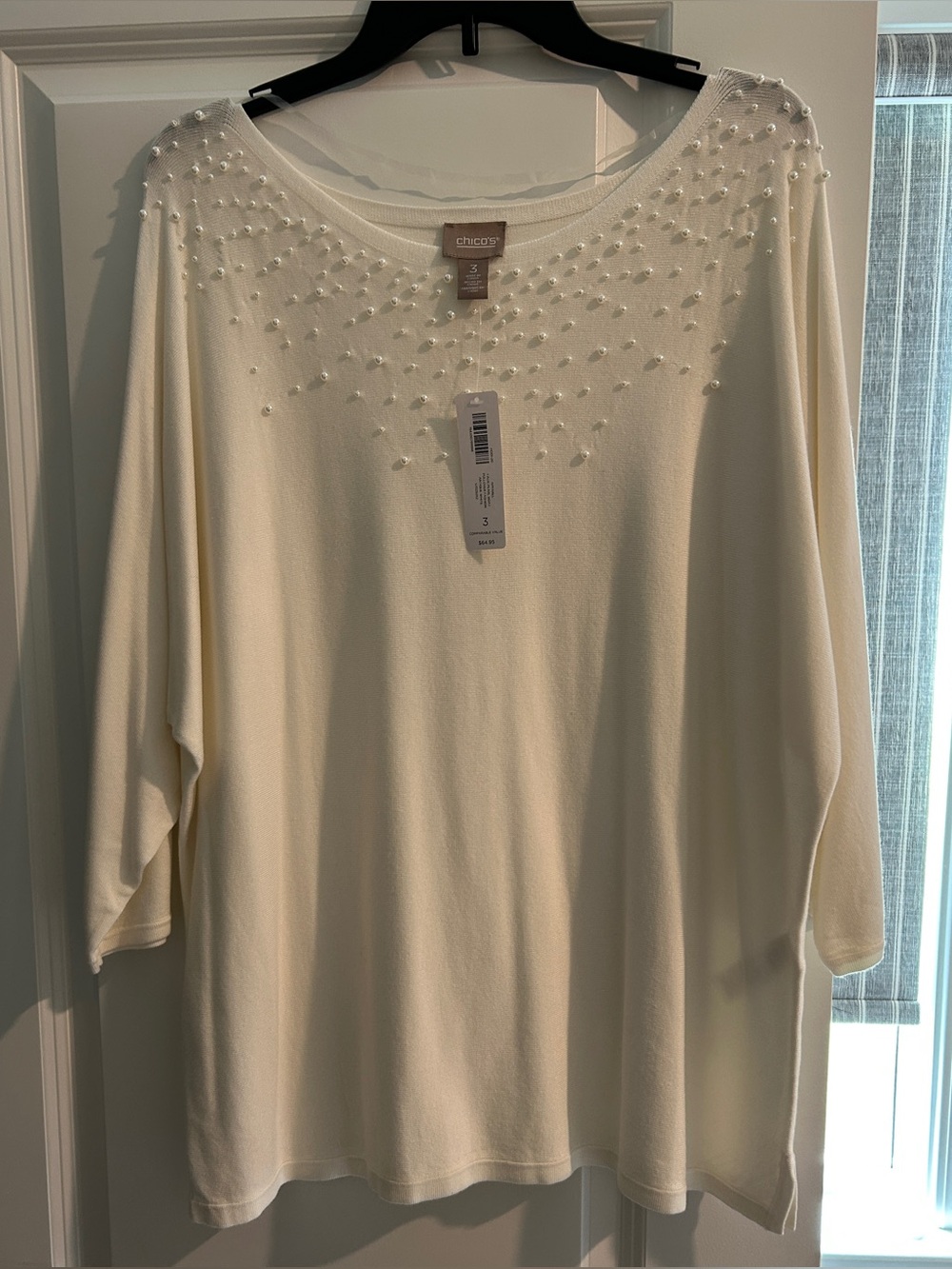 Chico's Ivory Pearl-Embellished Scoop Neck knit. Size 3. NWT